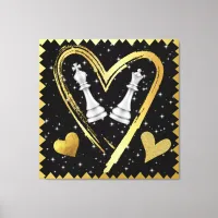 Gold Hearts King and Queen Chess Pieces on Black | Canvas Print