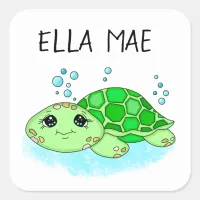 Personalized Cute Turtle Cartoon Name  Square Sticker