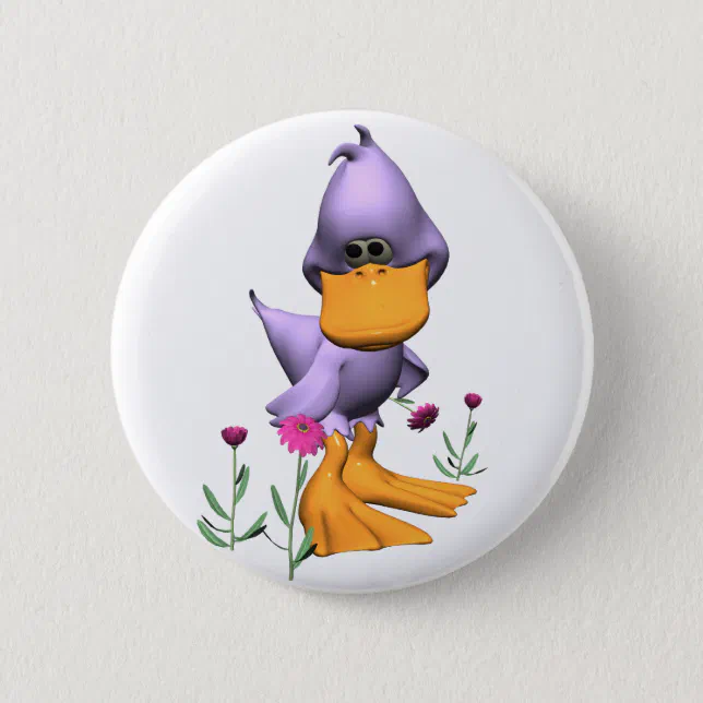 Cute and Shy Purple Cartoon Duck Pinback Button