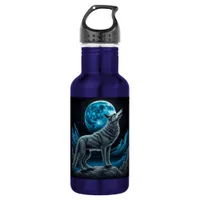 Lone Wolf and Full Moon Black and Blue Stainless Steel Water Bottle