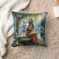 Native American Woman With Wolf By Calm Riverbank Throw Pillow