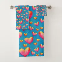 Multicolored Watercolor Hearts Bath Towel Set