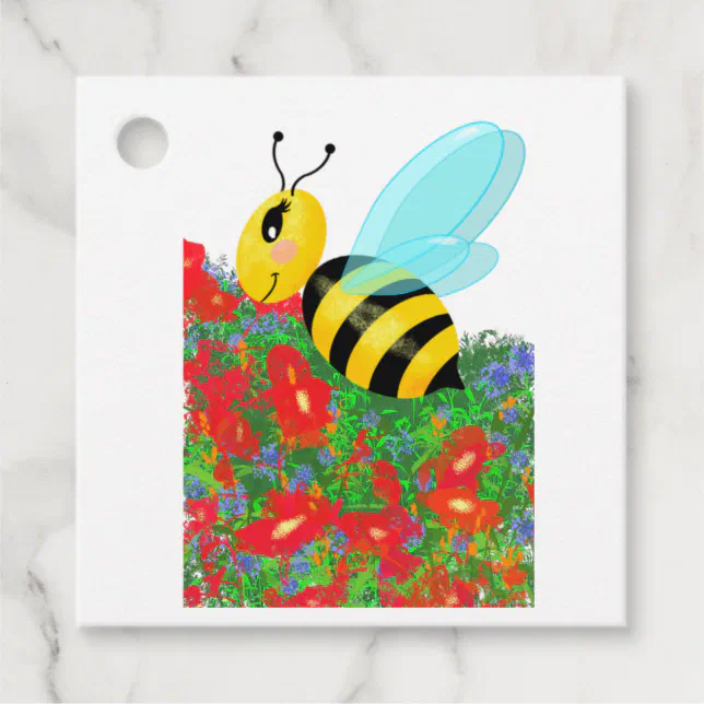 happy bee in the flowers favor tags