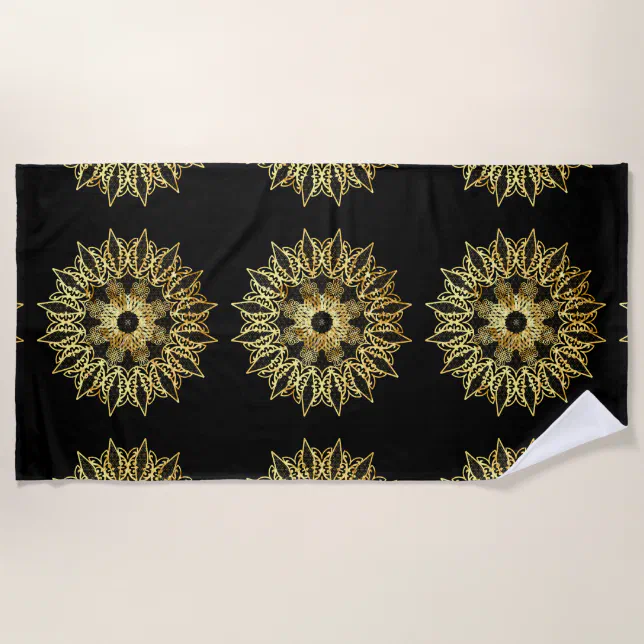 Golden Mandala with black background Beach Towel