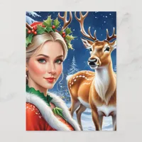 Fantasy blond woman and deer Christmas Postcard