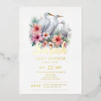 Tropical Egret Bird Coastal Baby Shower Foil Invitation