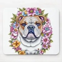 Ai Art Bulldog Surrounded by Whimsical Flowers Mouse Pad