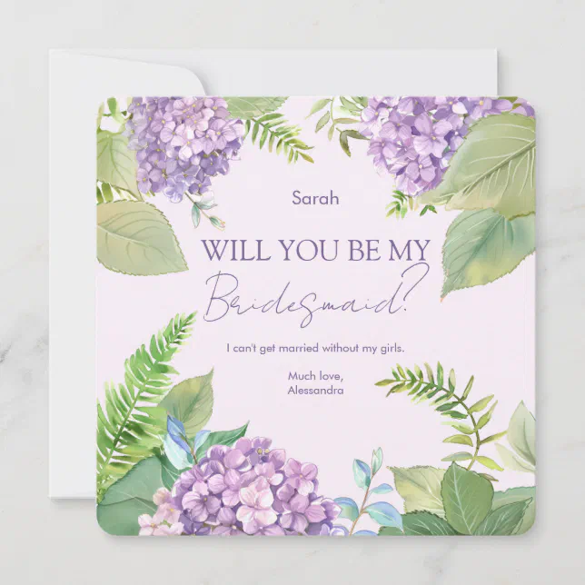 Watercolor Lavender Hydrangea Wedding Bridesmaid Invitation
