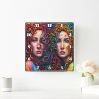 Colorful Twin Portrait With Curly Hair Square Wall Clock