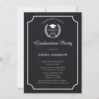 Elegant Black & White School Emblem Grad Photo Invitation