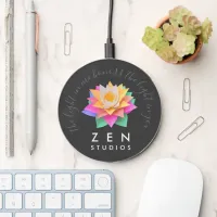 Elegant Multi-Colored Lotus Flower on Black Wireless Charger