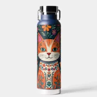 Whimsical Folk Art Cat and Flowers Water Bottle