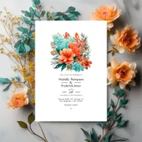 Turquoise and Coral Floral Wedding Invitation