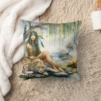 Native American Woman Sitting By Water With Tiger Throw Pillow