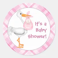 Stork & Baby Girl Baby Shower Classic Round Sticker