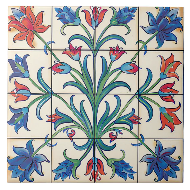 Squares Floral Blue And Orange Flowers  Ceramic Tile