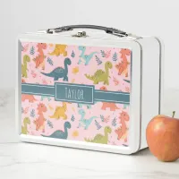 Cute Colorful Dinosaur Pattern Kids Name Metal Lunch Box