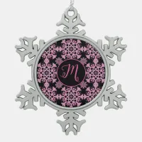 Pretty Pink Black Floral Leaves Filigree Monogram  Snowflake Pewter Christmas Ornament