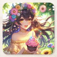 Pretty Anime Girl's Birthday Cupcake Square Paper Coaster