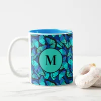 Stylish Blue Morpho Butterfly Pattern Monogrammed Two-Tone Coffee Mug