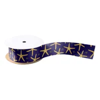 Coastal Beach Starfish Patterned Navy Blue Satin Ribbon