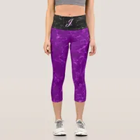 Elegant Purple Marble Black Marble Initial Capri Leggings