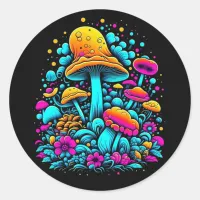 Retro Neon Mushrooms and Flowers  Classic Round Sticker