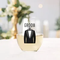 Groom's Name Black Tuxedo Wedding Date Stemless Wine Glass