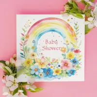 Watercolor Rainbow and Flowers Girl's Baby Shower Invitation