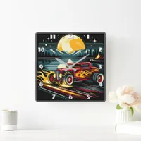 Vintage hot rod races under a glowing full moon square wall clock