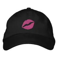 Hot Pink Lipstick Pucker Up Kiss on Black Embroidered Baseball Hat