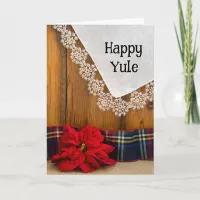 Rustic Poinsettia Flower and Plaid Happy Yule Holiday Card