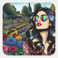 Pretty Pop Art Comic Book Style Woman in Garden Square Sticker