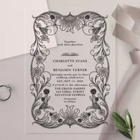 Black Ornate Floral Vintage Wedding Acrylic Invitations