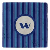 Rustic Blue Striped Stone Trivet with Monogram