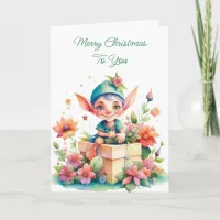 Cute Whimsical Watercolor Christmas Elf Card