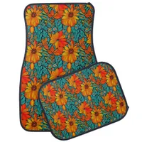 Boho Flowers Blue and Orange  Car Floor Mat