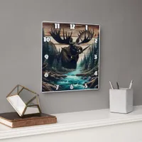 Majestic Moose Overlooking Serene River Landscape Square Wall Clock