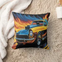 Classic hot rod with flames on a dynamic highway throw pillow