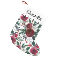 Burgundy Roses, Pine, Holly Christmas Floral Small Christmas Stocking
