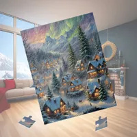 Christmas in a mountain village, polar lights  jigsaw puzzle