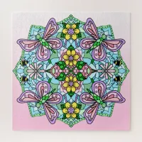 Pink Butterflies Flowers and Bees Mandala Jigsaw Puzzle