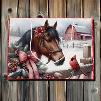 Brown Christmas Horse and Cardinal  Large Gift Bag