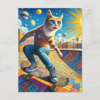 Funny Surreal Skateboarding Kitty Postcard