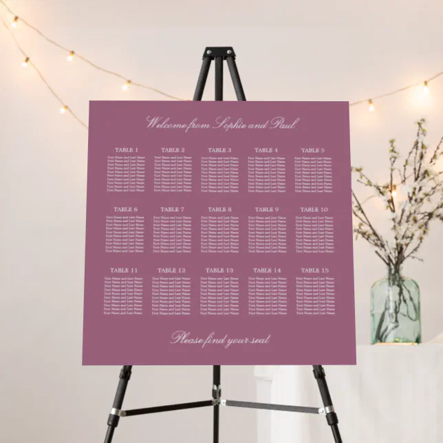 Mauve 15 Table Wedding Seating Chart Foam Board