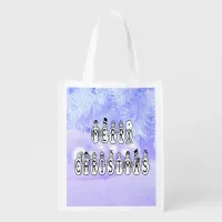 Merry Christmas Snow People Font, Blue Tint Snow Grocery Bag