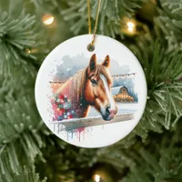 Beautiful Brown Horse on Farm Christmas Ceramic Ornament