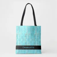 Pretty Leaf Design Soft Blue and Green with Name  Tote Bag