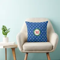 Wreath Monogram White Snowflakes Blue Background Throw Pillow