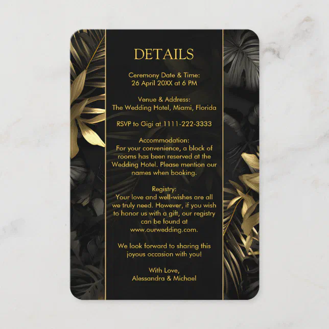 Modern Black Gold Tropical Leaves Wedding Enclosure Card